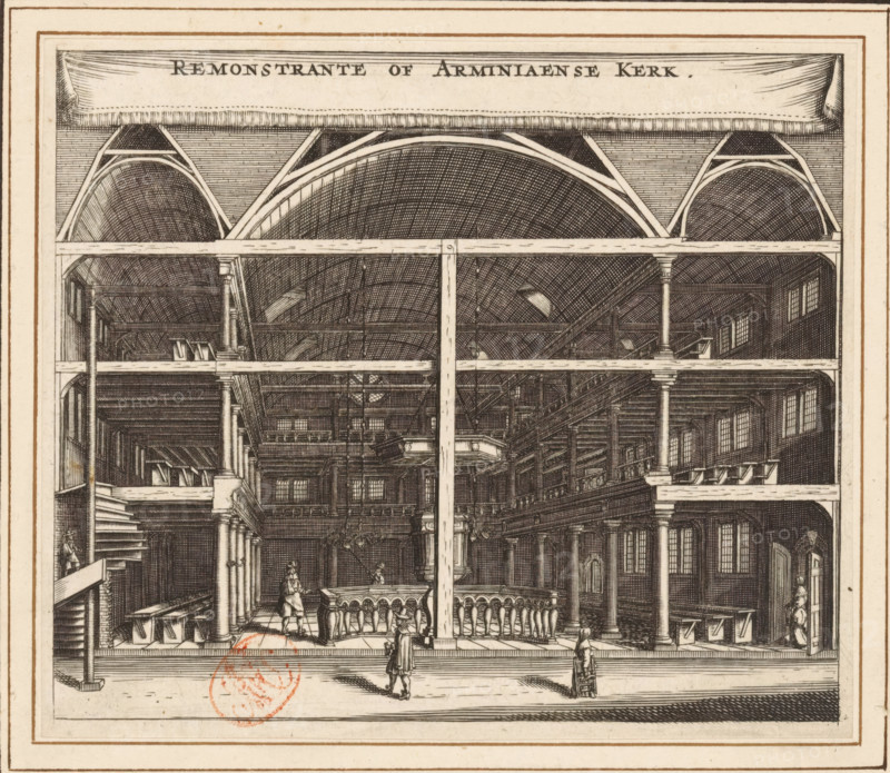 Interior of the Remonstrant (Arminian) Church in Amsterdam, Remonstrant or Arminian Church, print, book illustration, Interior of the Remonstrant or Arminian Church on the Keizersgracht in Amsterdam. Above a banner with the title., printmaker: attributed to Jan Veenhuysen, Amsterdam, publisher: Marcus Willemsz. Doornick (possibly), 1664, Attributed to, paper, engraving, height 117 mm x width 136 mm, Current state of print also used in: Fockens, Melchior. Description of the widely renowned merchant city of Amsterdam, of its first principles since the year 1203. Old privileges, 1664. And in: Zesen, Philipp von. Description of the widely renowned merchant city of Amsterdam, 1664. Second known state (with addition of French title) also used in: Domselaer, Tobias and Isaac Commelin. Description of Amsterdam: its first origin from the house of the lords of Aemstel and Aemstellant (…). 6 volumes. Amsterdam: Marcus Willemsz van Doornick, 1665. Third known state (numbered 18 at the top right) a...