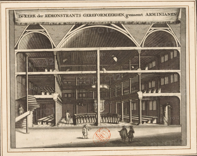 The Church of the Remonstrant Reformed, named Arminians, Interior of the Remonstrant (Arminian) Church in Amsterdam, print, book illustration, Interior of the Remonstrant or Arminian Church on the Keizersgracht in Amsterdam. Above a banner with the title., printmaker, paper, etching, engraving, height 123 mm x width 157 mm, Current state of print also used in: Commelin, Caspar. Description of Amsterdam, its first origin from the House (…). 2 volumes. Amsterdam: Abraham Wolfgang, Gillis Janssonius van Waesberge, Johannes Janssonius van Waesberge II, widow Dirk Boom I, Hendrick Boom and Rembertus Goethals, being an accurate treatise on its first origin from (…). 2 volumes. Amsterdam: widow Aart Dircksz Oossaan, being an accurate treatise on its first origin from (…). 2 volumes. 2nd edition. Amsterdam: Andries van Damme, Johannes Ratelband, widow A. van Aaltwyk and Hermanus Uytwerf, 1726., interior of church, Protestant Churches and denominations (with NAME), Amsterdam, Remonstrant Church...