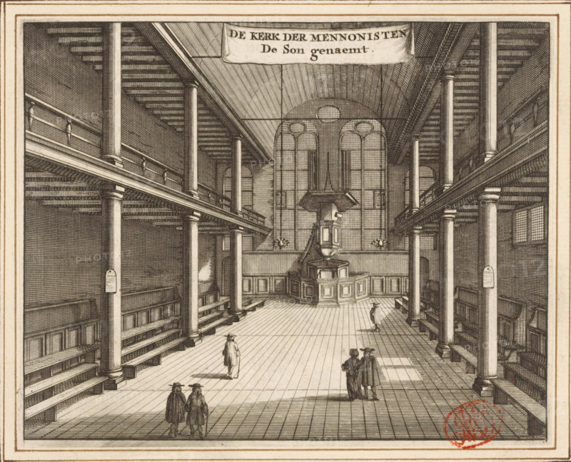 Interior of the Mennonite Church De Zon in Amsterdam, The Mennonite Church named De Son, print, book illustration, Interior of the Mennonite Church De Zon, the admonition of a group of more conservative Flemings, on the Singel in Amsterdam. This group had split off in 1664 from the Flemings who met in the Mennonite Church Bij 't Lam, also located on the Singel. Above a banner with the title., printmaker, paper, etching, engraving, height 123 mm x width 154 mm, Current state of print also used in: Commelin, Caspar. Beschryvinge van Amsterdam, desselfs eerste oorspronk uyt den Huyse (…). 2 volumes. Amsterdam: Abraham Wolfgang, Gillis Janssonius van Waesberge, Johannes Janssonius van Waesberge II, widow Dirk Boom I, Hendrick Boom and Rembertus Goethals, 1693. And in: Commelin, zynde een naukeurige verhandelinge van desselfs eerste oorspronk uyt (…). 2 volumes. Amsterdam: widow Aart Dircksz Oossaan, 1694. Later state also used in: Commelin, zynde een naukeurige verhandelinge van desselfs e...