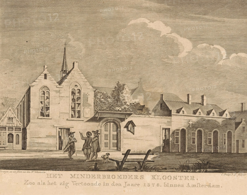 The Franciscan Monastery, As it Appeared in the Year 1578 within Amsterdam, View of the Franciscan Monastery in Amsterdam after the looting during the Alteration in 1578, print, historical print, View of the Franciscan Monastery on the Oudezijds Achterburgwal in Amsterdam, as it looked after the looting during the Alteration on May 26, 1578. Three gentlemen stand in front of the building., printmaker: Caspar Jacobsz. Philips, Amsterdam, after design by Jacobus Versteegen, after drawing by Andries Schoemaker, c. 1752 - 1789, paper, etching, engraving, height 170 mm x width 222 mm, abbey, monastery, convent, Roman Catholic church, plundering of churchbuilding, Alteration of Amsterdam, Oudezijds Achterburgwal, Franciscan Monastery (Amsterdam), Period, 1578-05-26, A sepia-toned architectural scene shows a row of buildings with varied rooflines including gabled and tiled roofs, tall arched windows with mullions, and a central arched doorway set into a wall. A slender spire rises behind one ...