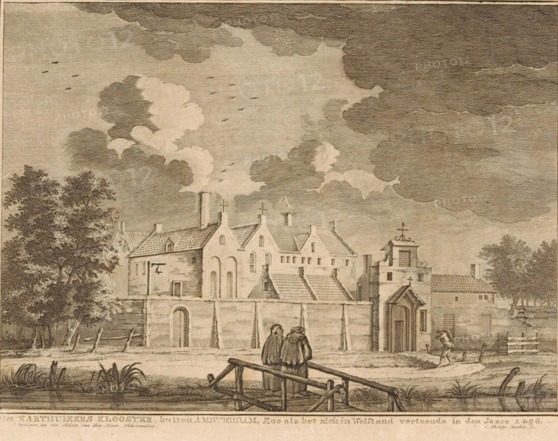 View of the Carthusian Monastery outside Amsterdam, The Carthusian Monastery, outside Amsterdam, As it appeared in good condition in the year 1496, print, View of the Carthusian Monastery outside the city walls of Amsterdam (behind the Haarlemmer or Carthusian Gate), in the situation around 1496., printmaker: Caspar Jacobsz. Philips, Amsterdam, after design by Jacobus Versteegen, after drawing by Andries Schoemaker, 1752 - 1789, paper, etching, engraving, height 161 mm x width 221 mm, monk(s), friar(s), abbey, monastery, convent, Roman Catholic church, Carthusian Monastery, A detailed sepia-toned engraving shows a large stone building complex with pitched roofs, chimneys, and small crosses atop some roof peaks, set behind a low wall and wooden fence. In the foreground two cloaked figures stand on a simple wooden footbridge over a narrow water channel, while a small barefoot figure walks along a path near an arched entrance to the complex. Tall trees flank the left side, and tufts of gr...