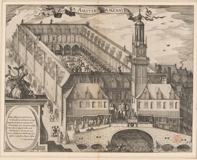 Byrsa Amsterodamensis, Bird's-eye view of the Stock Exchange of Hendrik de Keyser in Amsterdam, before 1668, print, book illustration, Bird's-eye view of the Stock Exchange of Hendrik de Keyser in Amsterdam. Around, in, and on the building many figures. Lower left a cartouche with an eight-line verse in Dutch. Above that a purse and a caduceus. Above and in the center a banner with the title. Lower right numbered: 45., printmaker: Claes Jansz. Visscher (II), Amsterdam, writer (clerical worker): Pieter Corneliszoon Hooft, publisher: Willem Janszoon Blaeu, publisher: Johannes Janssonius, 1613 - 1648, writer (clerical worker), paper, etching, engraving, height 253 mm x width 323 mm, This state of print was also first used in: Guicciardini, Lodovico. Beschryvinghe van alle de Neder-landen, 1613. Subsequently, this print was used until 1648 in later editions of this publication, published by Blaeu and then by Janssonius. It is not possible to determine exactly from which edition the current...