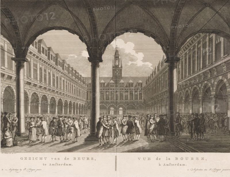 View of the Stock Exchange, in Amsterdam, Vue de la Bourse, à Amsterdam, View of the courtyard of the Hendrik de Keyser Stock Exchange in Amsterdam, print, with many figures in the square. Below the image, the title in Dutch and French. Numbered in the upper right: 16., printmaker: Hermanus Petrus Schouten (possibly), Amsterdam, publisher: Pierre Fouquet, c. 1770 - 1783, paper, etching, engraving, height 282 mm x width 388 mm, This print was also used in the so-called Atlas of Fouquet.* From 1760 onwards, Pierre Fouquet published cityscapes of Amsterdam – based on drawings by various artists, made by various printmakers. These prints were initially sold individually or in series. As was customary at the time, the buyer could have the prints bound themselves. To this end, between 1778 and 1783, Fouquet published a title page, map, and table of contents of the 100 prints published so far (1). Given that the content depended on what the buyer had collected, the content of the various surv...