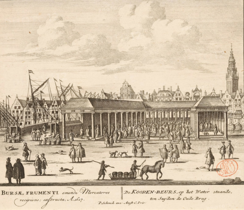 The Corn Exchange, standing on the water, to the south of the Old Bridge, Bursae, frumenti emendi Mercatores recipiens, exstructa, A. 1617, View of the Corn Exchange in Amsterdam, 100 Illustrations of the most important buildings of Amsterdam, print, Series number, 11, 100, View of the Corn Exchange on the Damrak in Amsterdam. In the galleries and the courtyard of the building and in front of it many figures. On the left the Old Bridge. In the background on the right the tower of the Old Church. Below the image the title in Latin and Dutch., printmaker, grantor of privilege, Barent Greve, paper, etching, engraving, height 165 mm x width 192 mm, Numbered state of print also used in: 100 Illustrations of the most important buildings of Amsterdam. Amsterdam, Pieter Schenk (I), sa. 1757-1766.* *In the second edition, published by Barent Greve, only the title page has been modified. The other illustrations have remained unchanged., parts of church exterior and annexes: tower, street (city(-...