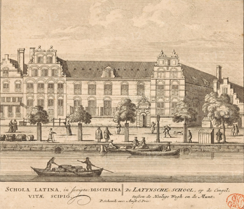 Schola Latina, in seripta: disciplina vitae scipio, The Latin School, on the Singel, between the Holy Way and the Mint, View of the Latin School in Amsterdam, 100 Illustrations of the most important buildings of Amsterdam, print, Series number, 86, 100, View of the Latin School on the Singel in Amsterdam. On the street a number of figures, in the water three boats. Below the image the title in Latin and Dutch. Numbered lower right: 86., printmaker, grantor of privilege, Barent Greve, paper, etching, engraving, height 170 mm x width 204 mm, Current state of print also used in: 100 Illustrations of the most important buildings of Amsterdam. Amsterdam, Pieter Schenk (I), sa. 1757-1766.* *In the second edition, published by Barent Greve, only the title page has been modified. The other prints have remained unchanged., canals, waters (in city) (city(-scape) with figures, staffage), street (city(-scape) with figures, secondary education (building, education, tuition), Amsterdam, Singel, Lati...