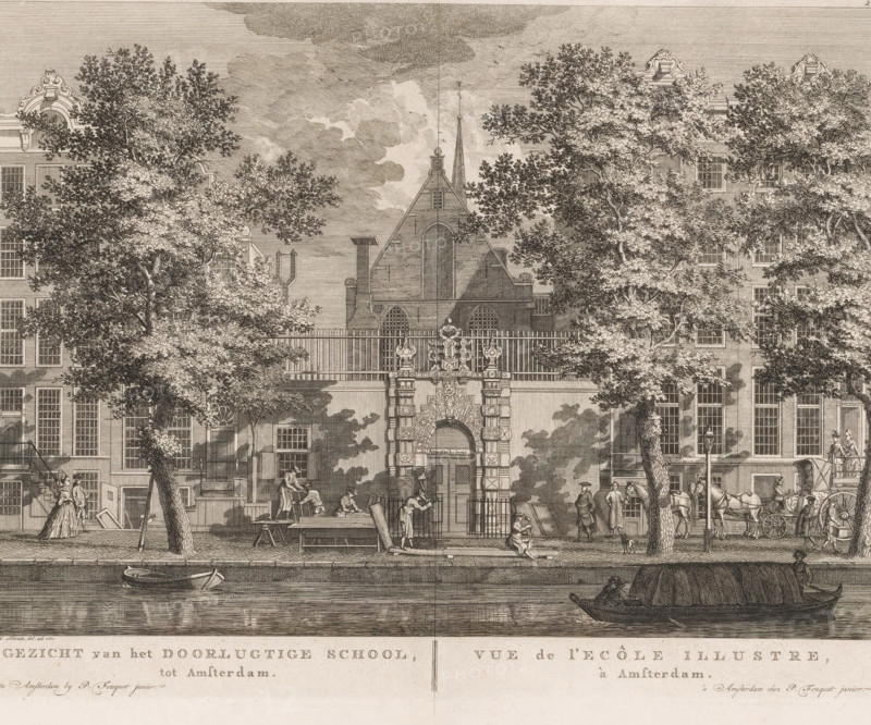 View of the Illustrious School, in Amsterdam, View of the Athenaeum Illustre in Amsterdam, print, View of the Athenaeum Illustre, the predecessor of the University of Amsterdam, on the Oudezijds Voorburgwal in Amsterdam. This educational institution was founded in 1631 and housed in the Agnieten Chapel. On the street are a few walkers, a carriage and, in front of the gate of the Athenaeum Illustre, working carpenters. Below the image is the title in Dutch and French. Numbered in the upper right: 28., printmaker: Hermanus Petrus Schouten (possibly), Amsterdam, publisher: Pierre Fouquet, c. 1770 - 1783, paper, etching, engraving, height 268 mm x width 359 mm, This print was also used in the so-called Atlas of Fouquet.* From 1760 onwards, Pierre Fouquet published cityscapes of Amsterdam – based on drawings by various artists, made by various printmakers. These prints were initially sold individually or in series. As was customary at the time, the buyer could have the prints bound themselv...