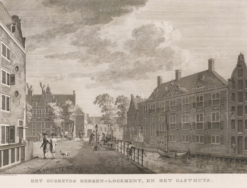 The Oudezijds Heeren-Logement, and the Gasthuys, View of the Oudezijds Heerenlogement in Amsterdam, print, View of the Oudezijds Heerenlogement on the Grimburgwal in Amsterdam. In the background the Binnengasthuis. Various figures on the street., printmaker: Hermanus Petrus Schouten (possibly), Amsterdam, publisher: Pierre Fouquet, c. 1770 - 1783, paper, etching, engraving, height 280 mm x width 369 mm, This print was also used in the so-called Atlas of Fouquet.* From 1760 onwards, Pierre Fouquet published cityscapes of Amsterdam – based on drawings by various artists, made by various printmakers. These prints were initially sold individually or in series. As was customary at the time, the buyer could have the prints bound themselves. To this end, between 1778 and 1783, Fouquet published a title page, map, and table of contents of the 100 prints published so far (1). Given that the content depended on what the buyer had collected, the content of the various surviving Fouquet atlases un...