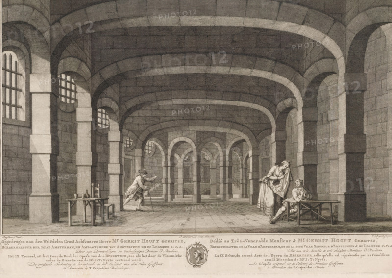 Scene from the opera The Deserter, The 9th Scene, from the second Part of the Opera of the Deserter, La IX Scène, du second Acte de l'Opera du Deserteur, print, Scene from the second part of the opera The Deserter. During the performance of this opera at the Amsterdam Theatre on the Keizersgracht on May 11, 1772, the fire broke out. Below the image is the dedication and title in Dutch and French, with the coat of arms of Gerrit Gerritsz. Hooft in the center., printmaker: Cornelis Bogerts, Amsterdam, after drawing by Pieter Barbiers (I), after painting by Rysschoot, publisher: Theodorus Crajenschot, dedicated by: Pieter Barbiers (I), dedicated to: Gerrit Gerritsz. Hooft, Cornelis Bogerts, Pieter Barbiers (I), Rysschoot, Theodorus Crajenschot, Gerrit Gerritsz. Hooft, printmaker, after drawing by, after painting by, publisher, paper, etching, engraving, height 307 mm x width 440 mm, Dedicated to Mayor Gerrit Gerritsz. Hooft, who died in November 1767. This opera, which was first performed...