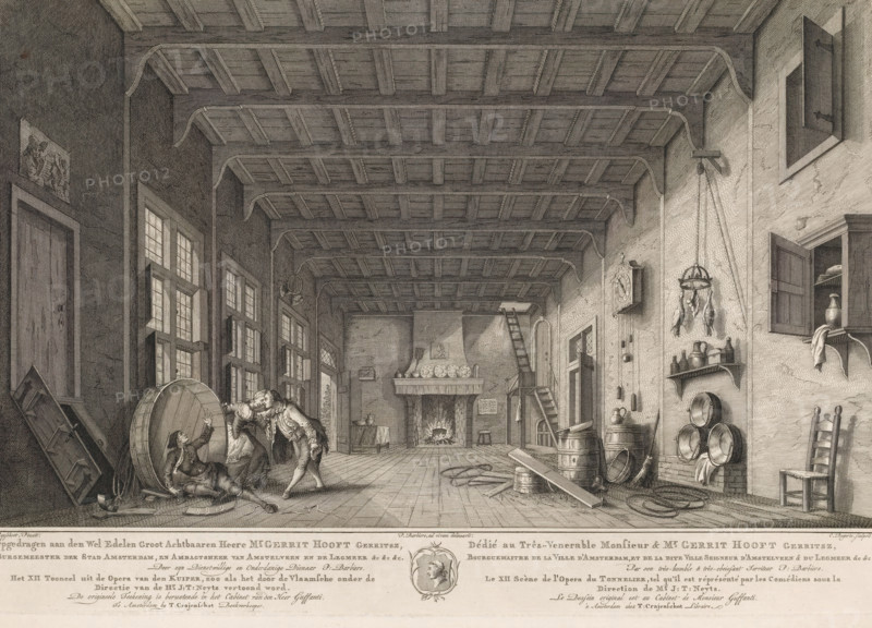 Scene from the opera De Kuiper, The XII Scene from the Opera of the Cooper (…), Le XII Scène de l'Opera du Tonnelier (…), print, Scene from the opera De Kuiper. Below the image the dedication and title in Dutch and French, with the coat of arms of Gerrit Gerritsz. Hooft in the center., printmaker: Cornelis Bogerts, Amsterdam, after drawing by Pieter Barbiers (I), after painting by Rysschoot, publisher: Theodorus Crajenschot, dedicated by: Pieter Barbiers (I), dedicated to: Gerrit Gerritsz. Hooft, 1768 - 1772, Cornelis Bogerts, Pieter Barbiers (I), Rysschoot, Theodorus Crajenschot, Gerrit Gerritsz. Hooft, printmaker, after drawing by, after painting by, publisher, paper, etching, engraving, height 308 mm x width 446 mm, Dedicated to Mayor Gerrit Gerritsz. Hooft, who died in November 1767. This opera, which was first performed elsewhere in French in 1768, did not, however, premiere in Amsterdam until 1768 under the direction of Jacques Toussaint Neyts. The only other Gerrit Hooft who ser...
