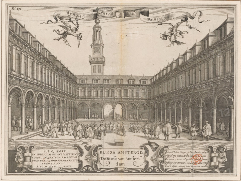 View of the courtyard of the Hendrik de Keyser Exchange in Amsterdam, Bursa Amsterod. The Exchange of Amsterdam, Byrsa Amsterodamensis, print, book illustration, View of the courtyard of the Hendrik de Keyser Exchange. On the square various figures, including merchants with turbans. Below a cartouche with the title in the center, on the left a six-line inscription and on the right a five-line verse in Latin. Above in the center a banner with a second title. Below that on the left a putto with a caduceus and valuables and on the right a putto with a money bag and a trident. Numbered top left: Fol. 270., printmaker, publisher, Amsterdam, Jodocus Hondius (II), paper, engraving, etching, height 239 mm x width 322 mm, Current state of print also used in: Pontanus, Johannes Isacius and Petrus Montanus. Historical descriptionhe der seer blames the famous coop-stadt Amsterdam (…). Amsterdam: Jocodus Hondius II, Johannes Isacius. Rerum et urbis Amstelodamensium Historia (…). Amsterdam: Jodocus ...