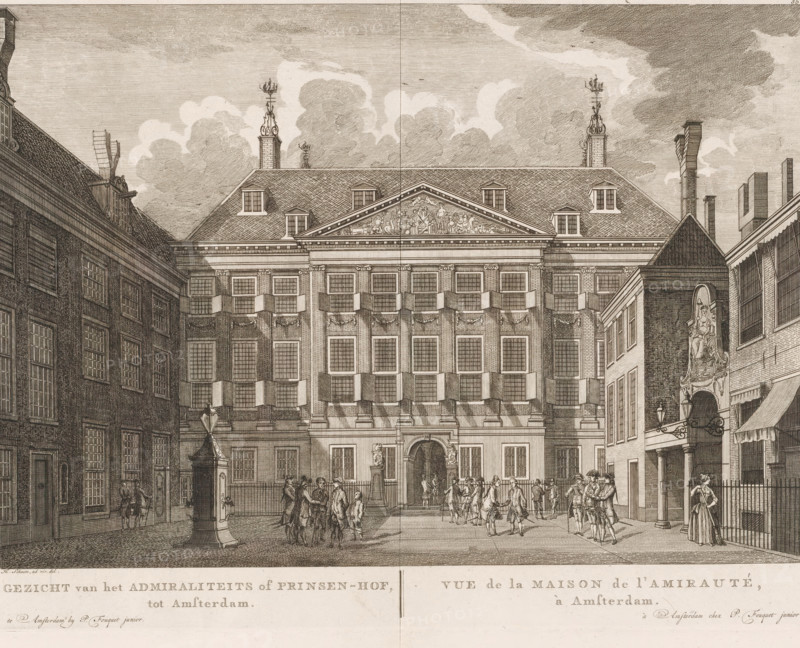 View of the Admiralty or Prince's Court, in Amsterdam, Vue de la Maison de l'Amirauté, à Amsterdam, View of the courtyard of the Prince's Court (Admiralty Court) in Amsterdam, print, View of the courtyard of the Prince's Court, also known as the Admiralty Court, on the Oudezijds Voorburgwal in Amsterdam. Below the image the title in Dutch and French. Numbered in the upper right: 35., Number of states known 1(2), printmaker: Hermanus Petrus Schouten (possibly), Amsterdam, publisher: Pierre Fouquet, c. 1770 - 1783, paper, etching, engraving, height 270 mm x width 362 mm, This print was also used in the so-called Atlas of Fouquet.* From 1760 onwards, Pierre Fouquet published cityscapes of Amsterdam – based on drawings by various artists, made by various printmakers. These prints were initially sold individually or in series. As was customary at the time, the buyer could have the prints bound themselves. To this end, between 1778 and 1783, Fouquet published a title page, map, and table of ...