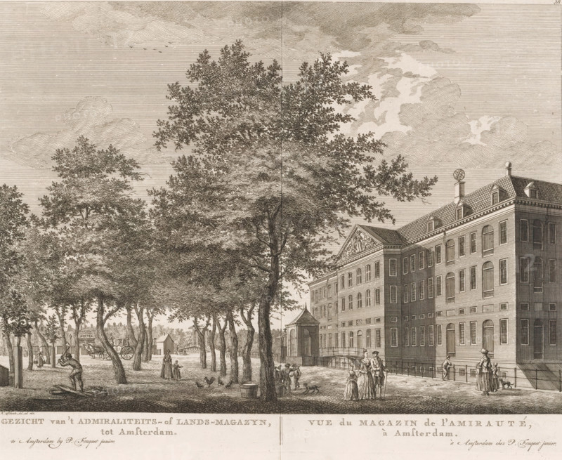 View of the National Naval Storehouse (Admiralty Storehouse) in Amsterdam, View of the Admiralty or National Storehouse in Amsterdam, View of the Admiralty Storehouse in Amsterdam, Atlas of Fouquet, print, Series number, 38, View of the National Naval Storehouse, also known as the Admiralty Storehouse, in Amsterdam. Seen from Kattenburgerplein. In the distance the Kattenburger Bridge. Various figures on the square. Below the image the title in Dutch and French. Numbered in the upper right: 38., Number of states known 2(3), printmaker: Hermanus Petrus Schouten (possibly), Amsterdam, publisher: Pierre Fouquet, c. 1770 - 1783, paper, etching, engraving, height 277 mm x width 367 mm, A detailed sepia-toned engraving shows a tree-lined square with tall leafy trees occupying the left and center, their trunks and branches rendered with fine lines and shading, and a multi-story classical building on the right featuring a pitched roof with dormer windows, decorative cornices, and a triangular p...