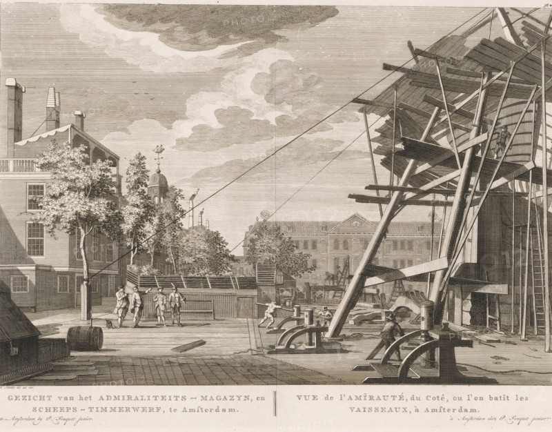 View of the Admiralty Magazine, and Shipyard, in Amsterdam, Vue de l'Amïrauté, du cotê, ou l'on batît les vaisseaux, à Amsterdam, View of the Admiralty Shipyard and National Naval Storehouse (Admiralty Storehouse) in Amsterdam, print, Series number, 38*, View of a part of the Admiralty Shipyard at Kattenburg in Amsterdam. In the foreground, a ship is being built. In the background, the National Naval Storehouse, also known as the Admiralty Storehouse. Below the image, the title in Dutch and French. Numbered in the upper right: 38*., printmaker: Hermanus Petrus Schouten (possibly), Amsterdam, publisher: Pierre Fouquet, c. 1770 - 1783, paper, etching, engraving, height 290 mm x width 387 mm, This print was also used in the so-called Atlas of Fouquet.* From 1760 onwards, Pierre Fouquet published cityscapes of Amsterdam – based on drawings by various artists, made by various printmakers. These prints were initially sold individually or in series. As was customary at the time, the buyer cou...