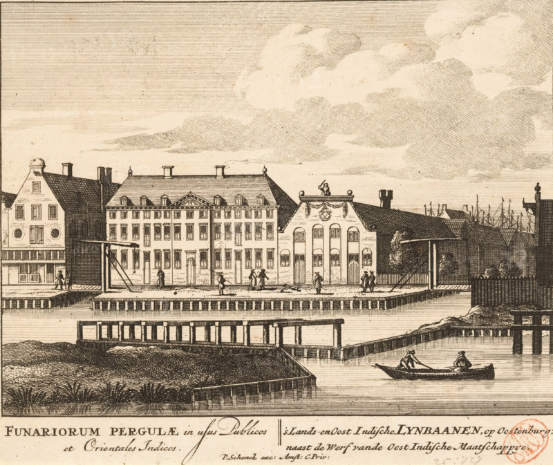 View of the ropewalks of the VOC and the Admiralty at Oostenburg in Amsterdam, Funariorum Pergulae in usus Publicos et Orientales Indicos, 's Lands- en Oost Indische Lynbaanen, op Oostenburg, naast de Werf vande Oost Indische Maatschappye, 100 Illustratiee der principe bouwen van Amsterdam, print, Series number, 56, 100, View of the ropewalks of the VOC (left) and the Admiralty (right) on the Oostenburgergracht at Oostenburg in Amsterdam. Below the image the title in Latin and Dutch., printmaker, grantor of privilege, Barent Greve, paper, etching, engraving, height 161 mm x width 191 mm, Numbered state of print also used in: 100 Illustratiee der principee bouwen van Amsterdam. Amsterdam, Pieter Schenk (I), sa 1710-1711. And in: 100 Illustrations of the most important buildings of Amsterdam. Amsterdam, sa. 1757-1766.* *In the second edition, published by Barent Greve, only the title page has been modified. The other prints have remained unchanged., ropery, rope-walk, canals, waters (in ...