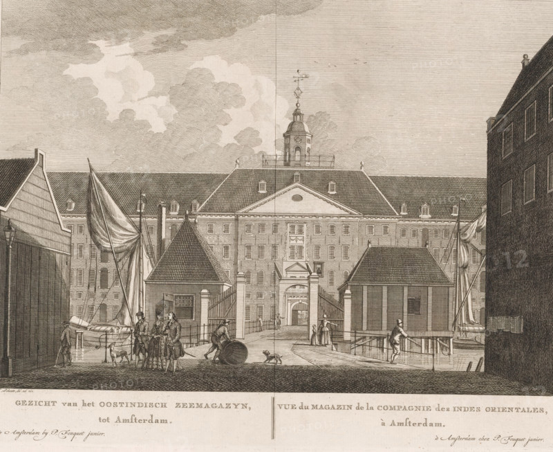View of the East India Company's Maritime Magazine, in Amsterdam, View of the Magazine of the East India Company, View of the East India Company's Maritime Magazine in Amsterdam, print, View of the East India Company's Maritime Magazine at Oostenburg in Amsterdam. A number of figures on the street. Below the image, the title in Dutch and French. Numbered in the upper right: 39., printmaker: Hermanus Petrus Schouten (possibly), Amsterdam, after drawing by Hermanus Petrus Schouten, publisher: Pierre Fouquet, c. 1770 - 1783, Hermanus Petrus Schouten, Pierre Fouquet, printmaker, after drawing by, publisher, paper, etching, engraving, height 274 mm x width 350 mm, This print was also used in the so-called Atlas of Fouquet.* From 1760 onwards, Pierre Fouquet published cityscapes of Amsterdam – based on drawings by various artists, made by various printmakers. These prints were initially sold individually or in series. As was customary at the time, the buyer could have the prints bound themse...