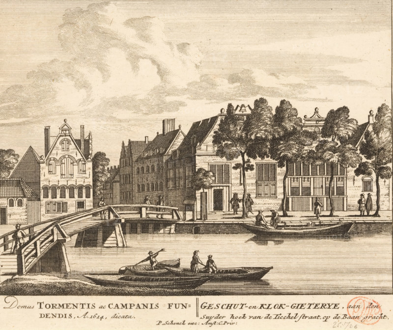 View of the City Cannon and Bell Foundry on the Lijnbaansgracht in Amsterdam, Cannon and Bell Foundry, at the south corner of Ticchel Street, on the Baangracht, Domus Tormentis ac Campanis Fundendis, A. 1614 dicata, 100 Illustrations of the most important buildings of Amsterdam, print, Series number, 66, 100, View of the City Cannon and Bell Foundry on Lijnbaansgracht, at the corner with Tichel Street, in Amsterdam. Seen from the west. Below the illustration the title in Latin and Dutch., printmaker, grantor of privilege, Barent Greve, paper, etching, engraving, height 163 mm x width 194 mm, Numbered state of print also used in: 100 Illustrations of the most important buildings of Amsterdam. Amsterdam, Pieter Schenk (I), sa. 1757-1766.* *In the second edition, published by Barent Greve, only the title page has been modified. The other prints have remained unchanged., factory-building, canals, waters (in city) (city(-scape) with figures, staffage), street (city(-scape) with figures, bel...