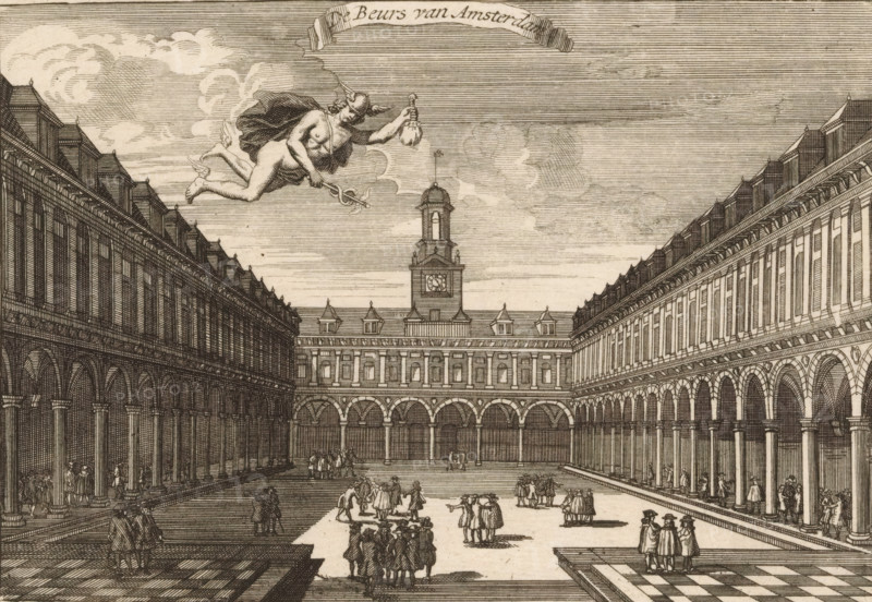 The Amsterdam Stock Exchange, View of the courtyard of the Hendrik de Keyser Stock Exchange, print, with various figures in the square. At the top center a banner with the title. Below left Mercury with a caduceus and a money bag., 1668 - 1699, printmaker, paper, etching, engraving, height 119 mm x width 172 mm, courtyard, (story of) Mercury (Hermes), purse, money-bag, caduceus (staff with two snakes, attribute of Mercury), Exchange, Bourse, Amsterdam, Hendrik de Keyser Stock Exchange, A wide architectural courtyard framed by long colonnaded buildings with rows of arched openings and many windows; a central building at the far end rises with a clock tower topped by a small cupola; groups of people in period dress gather and walk across the tiled courtyard, some standing in small clusters and others near the arches; a winged, draped male figure with a helmet and flowing cloak floats in the sky above the courtyard holding a bag in one hand and a staff in the other; clouds fill the upper ...