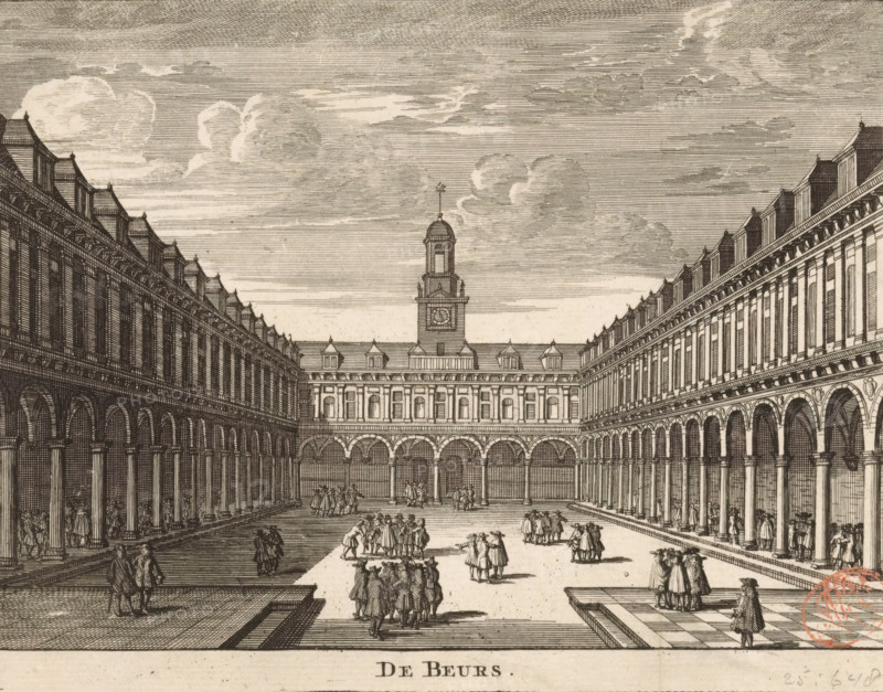 View of the courtyard of the Hendrik de Keyser Exchange in Amsterdam, The Exchange, print, book illustration, View of the courtyard of the Hendrik de Keyser Exchange, with various figures on the square. The title is at the bottom center., printmaker, Nicolaas ten Hoorn, Ratelband & Co, heirs of J., Pieter Meyer, paper, etching, engraving, height 132 mm x width 169 mm, Print also used in: Hoorn, Nicolaas ten. Guide through Amsterdam, Being a concise treatise on its first rise, enlargements, Nicolaas ten. Wegwyzer, or short description of the City of Amsterdam, and present state (…). Amsterdam: heirs of J. Ratelband & Co, Nicolaas ten. Wegwyzer or short description of the city of Amsterdam. Being a concise treatise on its first rise, 1751., courtyard, Exchange, Bourse, Amsterdam, Stock Exchange of Hendrik de Keyser, A wide architectural engraving shows a large rectangular courtyard flanked by long two-story colonnaded buildings with rows of arches at ground level and evenly spaced window...