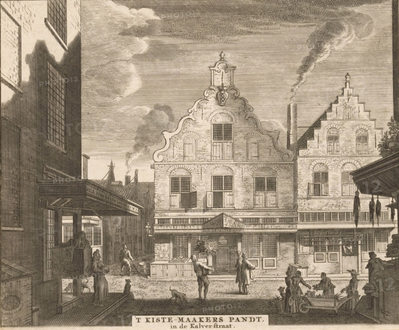 The Crate Makers' Building, in the Kalverstraat, View of the Crate Makers' Building in Amsterdam, print, book illustration, View of the Crate Makers' Building in the Kalverstraat in Amsterdam, seen from the Heiligeweg. To the left of the building is the Olieslagerssteeg. This former chapel of the St. George's Court was renovated in 1624 and subsequently leased to the St. Joseph's Guild for the benefit of the coffin makers and joiners. Page numbering in the upper right largely cut off Pag. 676., 1726, printmaker, paper, etching, engraving, height 148 mm x width 181 mm, Print also used in: Commelin, Caspar. Description of Amsterdam, being a careful treatise on its first origin from (…). 2 volumes. 2nd edition. Amsterdam: Andries van Damme, Johannes Ratelband, widow A. van Aaltwyk and Hermanus Uytwerf, 1726. Unlike most prints in this publication, this print does not appear in its current or earlier state in the 1693 and 1694 editions., street (city(-scape) with figures, staffage), guildh...