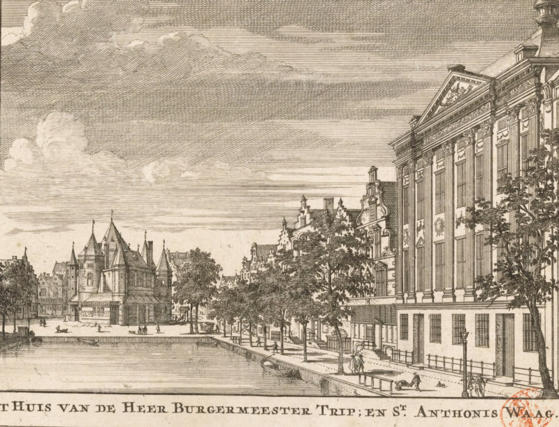 The House of Mayor Trip, and St. Anthony's Weigh House, View of the Kloveniersburgwal with the Trippenhuis and the Weigh House on the Nieuwmarkt, print, book illustration, View of the Kloveniersburgwal, seen towards the Nieuwmarkt (St. Anthony's Market). On the right in the foreground the Trippenhuis, on the left in the background the Weigh House on the Nieuwmarkt, also known as the St. Anthony's Weigh House., printmaker, Nicolaas ten Hoorn, Ratelband & Co, heirs of J., Pieter Meyer, paper, etching, engraving, height 132 mm x width 173 mm, Print also used in: Hoorn, Nicolaas ten. Guide through Amsterdam, Being a concise treatise on its first rise, enlargements, and present state (…). Amsterdam: Nicolaas ten Hoorn, 1713. And in: Hoorn, Nicolaas ten. Wegwyzer door Amsterdam, 1726. And in: Hoorn, Nicolaas ten. Wegwyzer, or short description of the City of Amsterdam, and present state (…). Amsterdam: heirs of J. Ratelband & Co, 1737. And in: Hoorn, Nicolaas ten. Wegwyzer or short descripti...