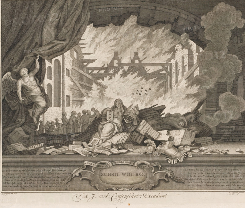Allegory on the fire of the theatre on the Keizersgracht in Amsterdam, 1772, Theatre, Title print for print series: The fire in the Amsterdam Theatre, print, title print, Title print for the series of four prints about the fire in the Amsterdam Theatre on the Keizersgracht on May 11, 1772. Father Time pulls aside the curtain of the ruined stage to reveal the burning theatre. Amidst the ruins sits the sorrowful personification of the Amsterdam Theatre with the coat of arms of the city and a burnt beehive, from which the bees have escaped, in her hands. Below the scene, a cartouche with the title and the famous verse by Vondel ('The world is a stage: everyone plays his role and gets his share'). To the left and right of this, a six-line verse in Dutch (left) and French (right)., check stamp: 'Archief Ministerie van Oorlog Afdeeling Genie', printmaker: Cornelis Bogerts, Amsterdam, after drawing by J. Wz. Crajenschot, publisher: Theodorus Crajenschot, publisher: Jacobus Adrianus Crajenscho...