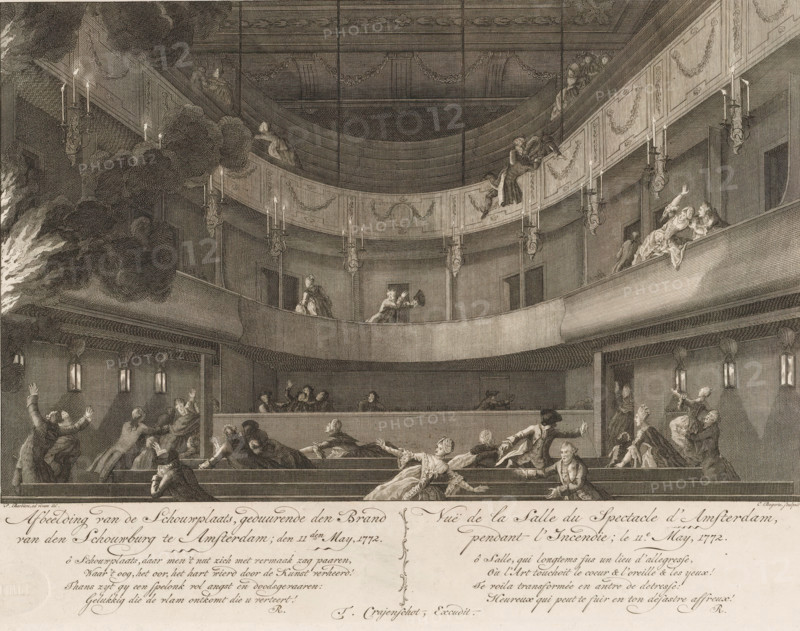 Hall of the theatre on the Keizersgracht in Amsterdam at the outbreak of the fire, 1772, Image of the Theatre Seat, during the Fire of the Theatre in Amsterdam, on May 11, View of the Hall of the Spectacle in Amsterdam, during the Fire, The fire in the Amsterdam Theatre, print, View of the hall of the Amsterdam Theatre during the outbreak of the fire on May 11, 1772. The fire started during the performance of the opera 'De Deserteur'. The audience is fleeing in panic. On the left, flames are raging into the hall. Below the image is the title and a four-line verse in Dutch (left) and French (right). Part of a series of four prints with title page about the fire in the Amsterdam Theatre., check stamp: 'Archive Ministry of War Department of Engineering', printmaker: Cornelis Bogerts, Amsterdam, after drawing by Pieter Barbiers (I), publisher: Theodorus Crajenschot, writer (clerical worker): Monogrammist R (18th-century writer), writer (clerical worker), paper, etching, engraving, height 2...