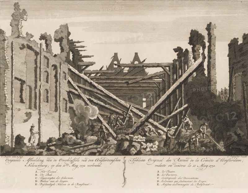 Original Image of the Remains of the Amsterdam Theatre, burned on May 11, 1772, Original Tableau of the Ruins of the Comedie d'Amsterdam, burned down on May 11, Ruin of the burned-down theatre on the Keizersgracht in Amsterdam, The fire in the Amsterdam Theatre, print, View of the ruins of the Amsterdam Theatre on the Keizersgracht after the fire of May 11, 1772. Firefighters extinguish the last pockets of fire with hoses, others clear rubble. Below the image, the title and legend AE in Dutch (left) and French (right). Part of a series of four prints with title page about the fire in the Amsterdam Theatre., check stamp: 'Archief Ministerie van Oorlog Afdeeling Genie', printmaker: Cornelis Bogerts, Amsterdam, after design by Cornelis Bogerts, publisher: Theodorus Crajenschot, Cornelis Bogerts, Theodorus Crajenschot, printmaker, publisher, paper, etching, engraving, height 264 mm x width 354 mm, A detailed monochrome engraving showing a large ruined interior with collapsed wooden beams f...