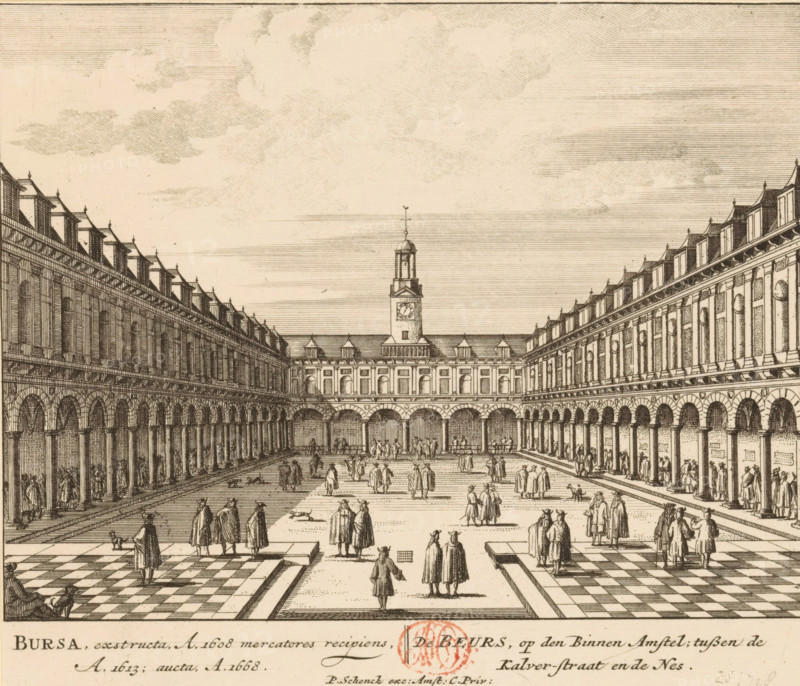View of the courtyard of the Exchange of Hendrik de Keyser in Amsterdam, Bursa, extructa, A. 1608 mercatores recipiens, A. 1613, aucta, A. 1668, The Exchange, on the Binnen Amstel, between the Kalverstraat and the Nes, 100 Illustrations of the most important buildings of Amsterdam, print, Series number, 6, 100, View of the courtyard of the Exchange of Hendrik de Keyser, with various figures in the square. Below the illustration, the title in Latin and Dutch., printmaker, grantor of privilege, Barent Greve, paper, etching, engraving, height 162 mm x width 190 mm, Numbered state of print also used in: 100 Illustrations of the most important buildings of Amsterdam. Amsterdam, Pieter Schenk (I), sa. 1757-1766.* *In the second edition, published by Barent Greve, only the title page has been modified. The other prints have remained unchanged., courtyard, Exchange, Bourse, Amsterdam, Stock Exchange of Hendrik de Keyser, A wide courtyard view framed by two long colonnaded buildings with arched...