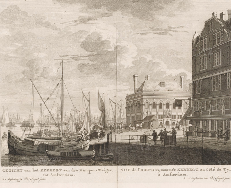 View of the Zeerecht building on the Kampersteiger in Amsterdam, View of the Zeerecht on the Kamper-Steiger. In Amsterdam, View of the building, named Zeerecht, next to the Ty. In Amsterdam, print, View of the Zeerecht building on the Kampersteiger, the current Prins Hendrikkade, in Amsterdam. Seen from the Nieuwe Brug. Various figures on the street. Many boats in the IJ. This building, constructed in 1618, was demolished in 1878. Below the image, the title in Dutch and French. Numbered in the upper right: 40., printmaker: Hermanus Petrus Schouten, Amsterdam, publisher: Pierre Fouquet, c. 1770 - 1783, paper, etching, engraving, height 273 mm x width 361 mm, A detailed waterfront scene rendered in fine line engraving shows a harbor filled with sailing vessels, masts, rigging, and furled sails clustered near wooden piers, with small rowboats and larger ships moored alongside; a quay with stairs and railings extends into the water. Along the shore stand multi-story brick buildings with ga...