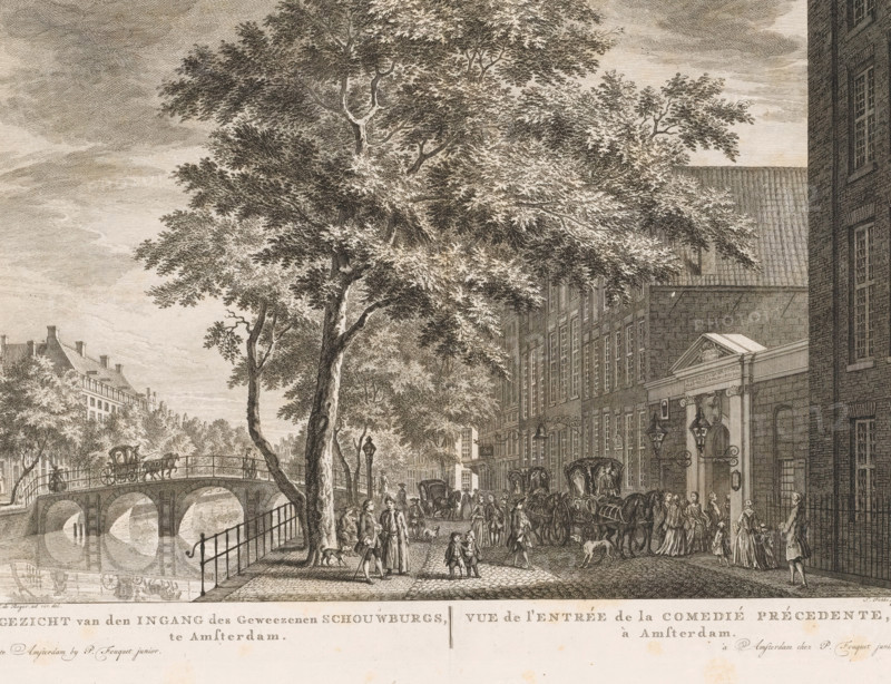 View of the entrance of the former Theatre in Amsterdam, View of the entrance of the previous Comedié, in Amsterdam, View of the gate of the theatre on the Keizersgracht in Amsterdam, print, View of the gate of the Amsterdam Theatre on the Keizersgracht, which burned down in 1772. This city theatre was designed by Jacob van Campen and was built on the site of Samuel Coster's Dutch Academy (at the location of the current Keizersgracht 384). It opened on December 26, 1637. In 1665, the building underwent extensive renovations, and in 1772, it burned down. In the background, the bridge between Huidenstraat and Runstraat. On the street, various figures and carriages. Below the image, the title in Dutch and French. Numbered top right: 30., printmaker: Simon Fokke, Amsterdam, after drawing by Jan de Beijer, publisher: Pierre Fouquet, 1760 - 1772, 1772 - 1783, Jan de Beijer, Pierre Fouquet, printmaker, after drawing by, publisher, paper, etching, engraving, height 281 mm x width 385 mm, A det...