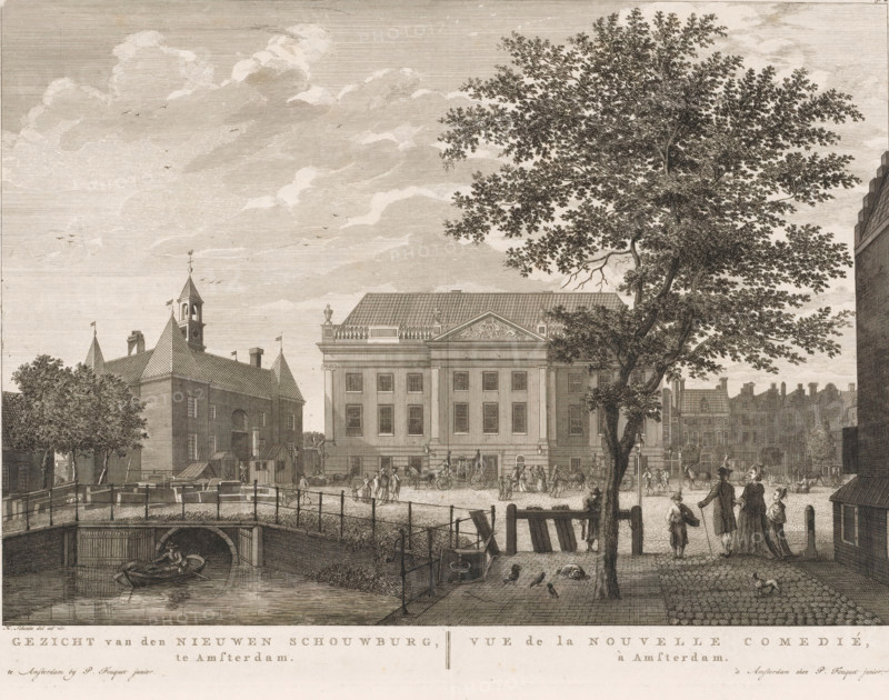 View of the theatre on Leidseplein in Amsterdam, View of the New Theatre, in Amsterdam, View of the Nouvelle Comedié, print, View of the Amsterdam Theatre on Leidseplein, inaugurated on September 15, 1774, seen from the Lijnbaansgracht. The Leidsepoort is on the left. This city theatre was built to replace the theatre on the Keizersgracht that burned down in 1772 and burned down itself in 1890. Below the image, the title in Dutch and French. Numbered at the top right: 31*., printmaker: Hermanus Petrus Schouten (possibly), Amsterdam, publisher: Pierre Fouquet, 1774 - 1783, paper, etching, engraving, height 283 mm x width 373 mm, This print was also used in the so-called Atlas of Fouquet.* From 1760 onwards, Pierre Fouquet published cityscapes of Amsterdam – based on drawings by various artists, made by various printmakers. These prints were initially sold individually or in series. As was customary at the time, the buyer could have the prints bound themselves. To this end, between 1778 ...