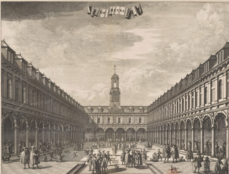 View of the courtyard of the Exchange by Hendrik de Keyser in Amsterdam, The Exchange, print, book illustration, View of the courtyard of the Exchange by Hendrik de Keyser, with many figures in the square. At the top center a banner with the title., printmaker, paper, etching, engraving, height 265 mm x width 345 mm, Current state of print also used in: Commelin, Caspar. Beschryvinge van Amsterdam, zynde een naukeurige verhandelinge van desselfs eerste oorspronk uyt (…). 2 volumes. 2nd edition. Amsterdam: Andries van Damme, Johannes Ratelband, widow A. van Aaltwyk and Hermanus Uytwerf, Caspar. Description of Amsterdam, its first origin from the House (…). 2 volumes. Amsterdam: Abraham Wolfgang, Gillis Janssonius van Waesberge, Johannes Janssonius van Waesberge II, widow Dirk Boom I, Hendrick Boom and Rembertus Goethals, being an accurate treatise on its first origin from (…). 2 volumes. Amsterdam: widow Aart Dircksz Oossaan, 1694., courtyard, Exchange, Bourse, Amsterdam, Stock Exchange...