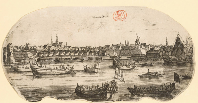 Boats with musketeers or soldiers in the Outer Amstel in front of Amsterdam, print, most likely around the time of the Attack on Amsterdam of 1650. In the background the Blauwbrug and the tower of the Zuiderkerk., in or after c. 1650, printmaker, paper, engraving, etching, height 117 mm x width 233 mm, A wide riverscape drawn in monochrome shows multiple boats of different sizes afloat on calm water, several with sails and flags and many with small figures aboard, some seated and some standing with oars. In the foreground a decorated prow with a patterned emblem faces the viewer, flanked by two long boats filled with rowers. Midground vessels include larger open boats with rows of people and a small rowboat with a single standing figure. The background features a low-lying town along the riverbank with tightly packed pitched-roof buildings, taller steeples and spires rising above the rooftops, a windmill with visible sails, and a long wooden bridge or quay extending along the shore. Th...