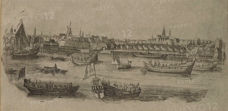 Boats with musketeers or soldiers in the Outer Amstel in front of Amsterdam, print, most likely around the time of the Attack on Amsterdam of 1650. In the background the Blauwbrug and the tower of the Zuiderkerk., in or after c. 1650, printmaker, paper, counterproof, counter-print of engraving and etching, height 120 mm x width 237 mm, the soldier, the soldier's life, prospect of city, town panorama, silhouette of city, ships (in general) - CC - more than one ship, Attack on Amsterdam (1650), Amsterdam, Amstel (river), Zuiderkerk (Amsterdam), Blauwbrug, A sepia-toned etching of a riverside scene showing multiple sailing and rowed boats on a calm body of water in the foreground, several of the boats displaying billowing flags and with small figures aboard holding oars or standing, one boat with a carved ornamental stern, and others with raised sails. Along the far bank a continuous line of low buildings and warehouses with pitched roofs and clustered chimneys stretches across the image,...