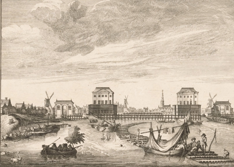 View of the two Blockhouses in the Amstel, 1651-1654, print, View of the two Blockhouses in the Amstel outside Amsterdam, built for the defense of the city after the failed assassination attempt by William II on Amsterdam on July 30, 1650. After being completed in 1651, they were already demolished in July 1654. Two gates to the left and right of the Blockhouses. Various boats are sailing on the water. A small tree stands in one of the boats and the mast is being lowered on another. Figures are swimming from a raft or jetty, and a figure is relieving himself in the foreground on the right. Between the two Blokhuizen in the background, the contours of the city with the windmill De Joffer and the Zuiderkerk., Hollstein Dutch 207-copy, printmaker: Jan Goeree, Amsterdam, after print by Pieter Nolpe, in or before 1723, Pieter Nolpe, after print by, paper, etching, engraving, height 142 mm x width 184 mm, Second known state of print, also used in: Willink, Daniël. Amsterdamsche Buitensingel ...