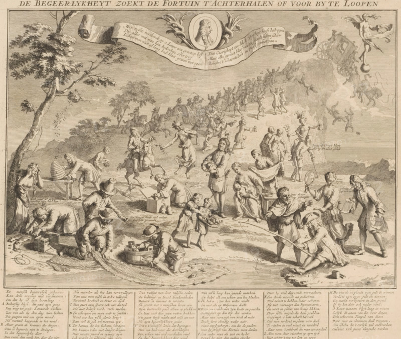 Greed tries to overtake Fortune, 1720, Desire seeks to catch up with or bypass Fortune, The Great Tableau of Folly, cartoon, print, Greed tries to overtake Fortune. Depiction of all kinds of greed among people from childhood to old age. In the background, a procession of wind traders on foot and in carriages plunges from a cliff into the abyss in pursuit of Fortune. At the top, a portrait of John Law next to a banner with a six-line verse. With caption in six columns. Print 56 in the series The Great Tableau of Folly with satirical prints on the Speculative Market or Stock Trading of 1720., printmaker, Northern Netherlands, paper, etching, engraving, height 342 mm x width 431 mm, showing the rise, progress and downfall of the Stock Trading, Bubble and Speculative Trade, committed in France, England and the Netherlands in the Year 1720 (…). Amsterdam: widow Joachim Ottens, 1720. Several editions of this publication have appeared., Person, John Law, Luck, Fortune, Lot, 'Fato', 'Fortuna',...