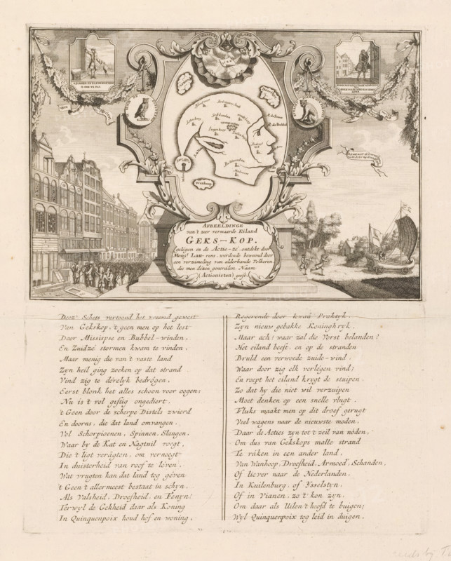 The Island of Gekskop, 1720, Illustration of the very renowned island of Geks-Kop (…), The Great Tableau of Folly, cartoon, print, Map of the island of Gekskop in the shape of a jester's head. On the left, a rebellious crowd in front of the Quincampoix coffee house in Amsterdam; on the right, the sailing carriage with banner: to Viane. On the sheet below the plate, the caption printed in two columns from a separate plate. Print 57 in the series The Great Tableau of Folly with satirical prints on the Speculative Market or Stock Trading of 1720., printmaker, Northern Netherlands, paper, etching, engraving, printed from two plates on one sheet, height 164 mm x width 235 mm x height 135 mm x width 235 mm, height 533 mm x width 424 mm, Print used in: The Great Tableau of Folly, showing the rise, progress and downfall of the Stock Trading, Bubble and Speculative Trade, committed in France, England and the Netherlands in the Year 1720 (…). Amsterdam: widow Joachim Ottens, 1720. Various editio...