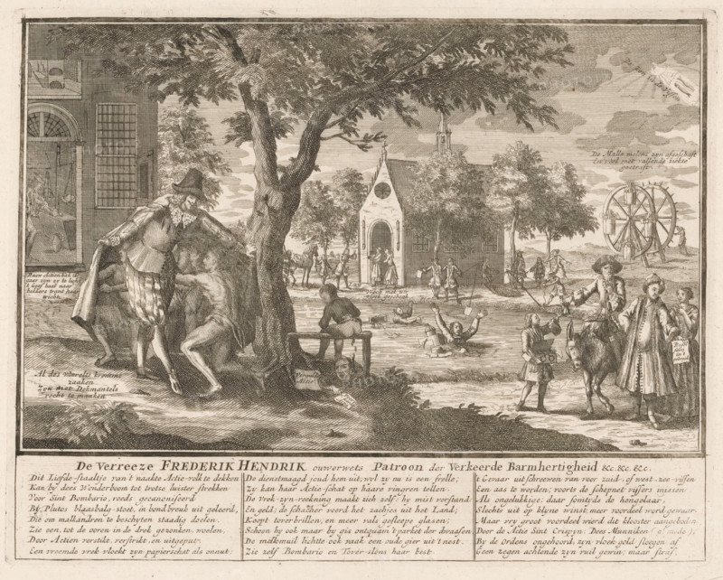 Frederik Hendrik grants mercy to the naked actionists, 1720, The resurrected Frederik Hendrik old-fashioned patron of Misguided Mercy &c. &c. &c., The Great Tableau of Folly, cartoon, print, A resurrected Frederik Hendrik grants mercy by the miraculous tree to the naked and destitute actionists by offering them shelter under his cloak. This is a depiction of an old proverb: to cover oneself with the cloak of Frederik Hendrik, which means: to be free from financial persecution. In the center, wind traders are drowning in a ditch, on the right a carousel. With caption in two columns. Print 60 in the series The Great Tableau of Folly with satirical prints on the Speculative Market or Stock Trading of 1720., printmaker, Northern Netherlands, paper, etching, engraving, height 262 mm x width 330 mm, showing the rise, progress and downfall of the Market, Bubble and Speculative Trade, committed in France, England and the Netherlands in the Year 1720 (…). Amsterdam: widow Joachim Ottens, 1720. ...