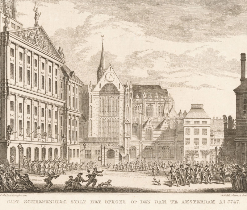 Capt. Scheerenberg quells the riot on the Dam in Amsterdam, 1747, Captain Scheerenberg drives away the rioters, print, book illustration, historical print, Under the leadership of Captain Abraham Scheerenberg, Orangist rioters are driven out of the city hall and off the Dam, November 9, 1747. In the occupied city hall, a demonstrator sticks a cobweb brush out of the window, which is a mocking reference to the rod carried by the sheriff. In the center the Nieuwe Kerk and on the right a part of the Weigh House., printmaker: Simon Fokke, Amsterdam, after design by, publisher: Arend Fokke Simonsz., publisher: Johannes Allart (possibly), 1782 - 1796, paper, etching, engraving, height 180 mm x width 207 mm, Current state of print also used in: Wagenaar, Jan. Vaderlandsche historie, vervattende de geschiedenissen der nu Vereenigde Nederlanden (…). 21 volumes. Amsterdam, Leiden, Dordrecht and Harlingen: P. Schouten et al., 1782, vol. 20. Wagenaar, 1790-1796, vol. 20 (1796)., Person, Abraham Sc...