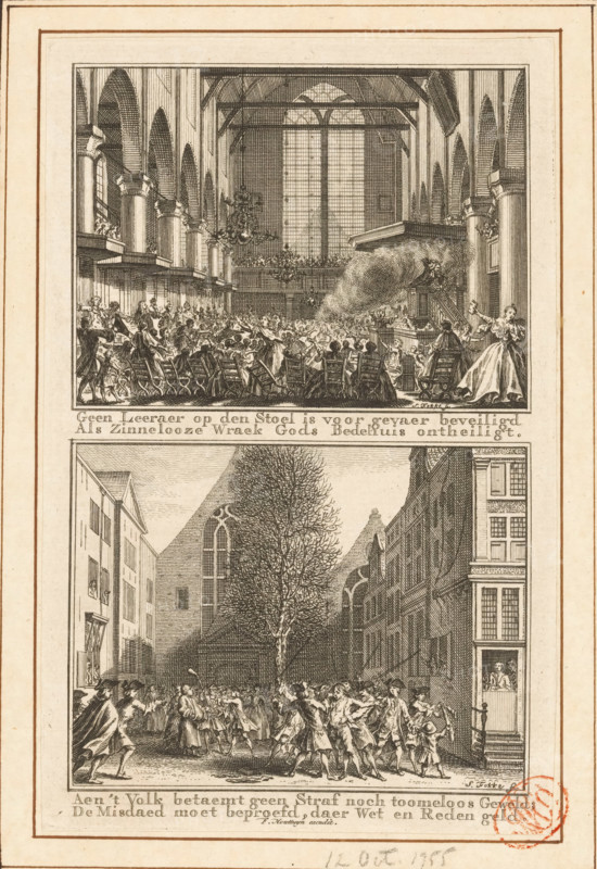 No Pastor on the Chair is safe from danger, When Senseless Vengeance desecrates God's House of Prayer, To the People neither Punishment nor Unbridled Violence befits, Crime must be tested, where Law and Reason prevail, Attack on the preacher JH François in the Walloon Church, Unrest at the Walloon Church after the attack, 1755, print, book illustration, Plate with two representations. Above: Minister JH François is shot in the Walloon Church on the Oudezijds Achterburgwal in Amsterdam by the insane baker's assistant Jean Langele on October 12, 1755. Below: Commotion on the Walenpleintje in front of the Walloon Church after the attack on the minister., printmaker: Simon Fokke, Amsterdam, publisher: Frans Houttuyn, 1755 - 1756, paper, etching, engraving, height 165 mm x width 107 mm, Print also used in: Nederlandsche Jaerboeken, inhoudende het verhael van de merkwaerdigste geschiedenissen (…) voor het jaer MDCCLV, sa 1755-1756, between p. 922 and 923., interior of church, church (exterio...