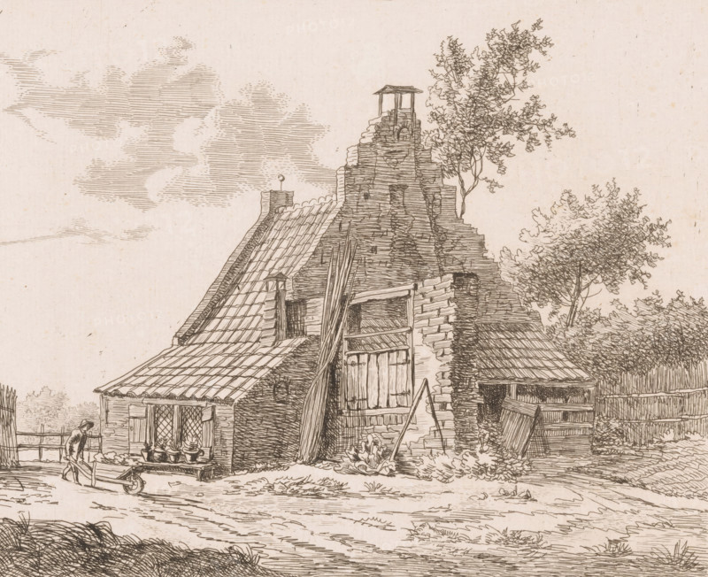 Ruins of the house Snaatburg in Maarssen, print, printmaker: Anthonie van den Bos, Netherlands, 1801, paper, etching, height 170 mm x width 210 mm, ruin of a dwelling, house, castle, Maarssen, A detailed pen-and-ink drawing of a rustic scene showing a worn brick structure with a partially collapsed wall and exposed wooden beams, an adjacent tiled roof with a small chimney, a wooden gate and ladder leaning against the building, potted plants on a bench by a window, a wheelbarrow being pushed by a figure wearing a hat, clusters of trees with leafy branches behind and beside the building, a wooden barrel and fence near the right side, and a sky filled with lightly hatched clouds.