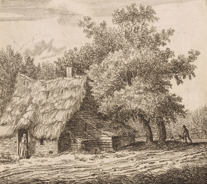 Farmhouse with woman at the door and a man with a wheelbarrow on a path, print, annotation: 'Aan de Wetering agter Philipsburg', printmaker: Anthonie van den Bos, 1778 - 1838, paper, etching, height 149 mm x width 166 mm, Philipsburg is the name of an inn at the end of the Rustenburgerpad on the Wetering. See Maandelijkse Nederlandsche Mercurius, vol. 27 (1797), second part, p. 341., farm or solitary house in landscape, rural housing, eg country-house, villa, cottage, Amsterdam, Boerenwetering, A detailed pen-and-ink scene shows a cluster of thatched cottages with textured roofs and visible beams, partially obscured by dense leafy trees whose foliage is rendered with many short, curving strokes; a woman stands in a doorway of one cottage wearing a long dress and apron, and a figure carrying a load walks along a path near the trees; the foreground features a dirt road with rutted tracks and tufts of grass, while the sky above contains a few linear clouds and horizontal hatch marks.