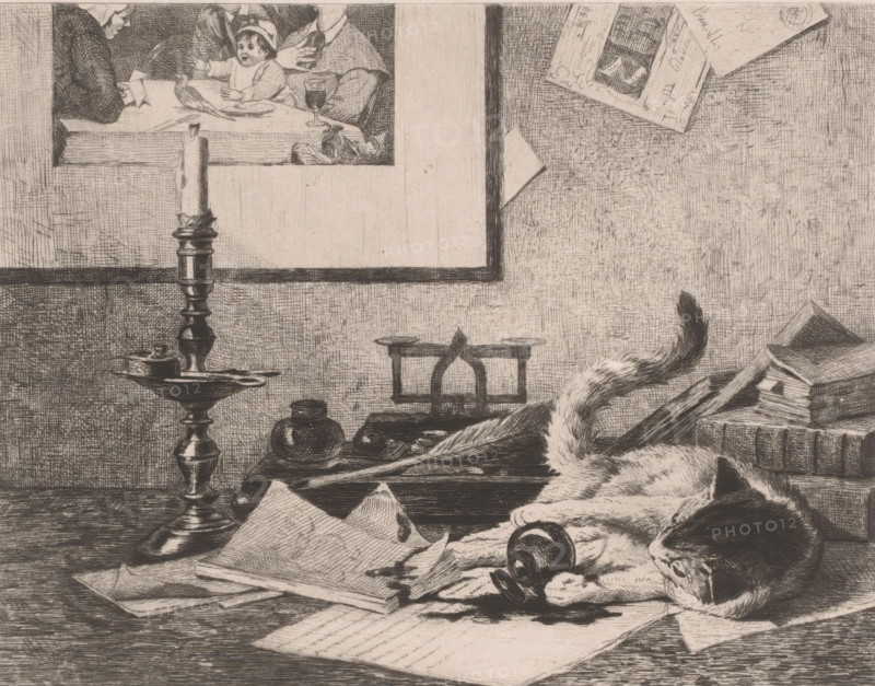 Playing cat spills an inkwell on the table, print, printmaker: Eduard van den Bosch, printer (person): F. Nys, Brussels, 1870 - 1880, printer (person), paper, chine collé, etching, drypoint, intaglio printmaking technique, height 207 mm x width 257 mm, A detailed etched scene shows a tabletop covered with scattered sheets and folded papers, a reclining cat curled with its head resting near a tipped cup, a tall ornate candlestick with a partially burned candle, an inkwell and blotter, a small scale, a pile of books and a fur thrown over the table edge, a framed picture on the wall depicting a child at a table with adults, and a corner of the wall with pinned papers.