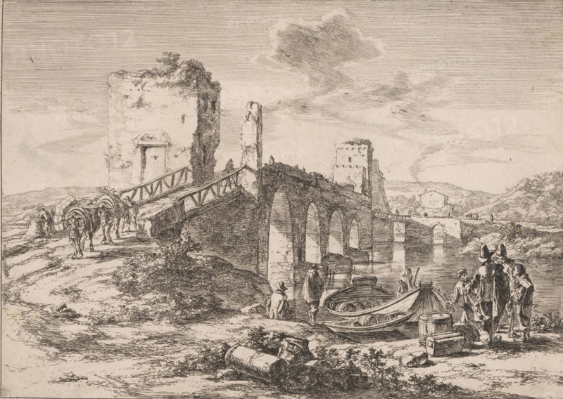 Landscape with bridge, the Ponte Molle, Landscapes in the vicinity of Rome, print, printmaker: Jan Both, Utrecht, 1637 - 1652, paper, etching, height 198 mm x width 275 mm, viaduct or aqueduct, Rome, Milvian Bridge, A sepia-toned etching showing a stone bridge with multiple arches spanning a body of water, ruined walls and towers flanking the bridge, a wooden railing on part of the bridge, small boats moored at the water’s edge, barrels and crates near the boats, groups of figures standing and walking along the shore and bridge, pack animals laden with goods being led along a dirt path, scattered stones and vegetation in the foreground, distant rolling hills under a sky with lined clouds.