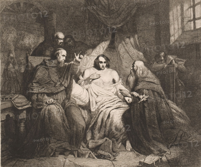 Interrogation of Don Carlos by the Grand Inquisitor Torquemada, print, printmaker: attributed to Henry Brown, after painting by Pierre Kremer, 1840 - 1870, Attributed to, paper, etching, height 260 mm x width 313 mm, Person, Carlos of Spain (prince), inquisitor, interior, representation of a building, Asking, Question, Interrogation, A monochrome etching shows a group of robed figures gathered around a central reclining figure on a bed, the central figure partially covered by a sheet with one hand on the chest and a bare shoulder exposed, dark hair falling to the shoulders and a solemn facial expression; to the left a robed man leans forward with an outstretched hand and an intense gaze while another hooded figure stands behind him; to the right an older robed man with a long beard faces the central figure and a seated person rests their head on folded arms near a window with light coming through; heavy drapery hangs above the bed and various folds of fabric, cushions, and a low stool ...