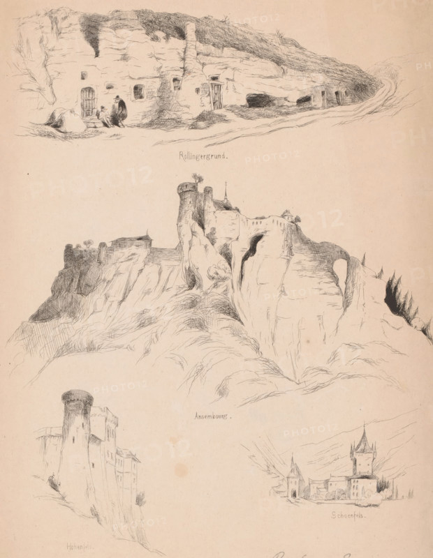 Views of the castles Rollingergrund, Ansembourg, Hohenfels and Schoenfels, print, printmaker: Gustave Buschmann (possibly), 1828 - 1852, paper, etching, height 277 mm x width 210 mm, landscape with tower or castle, castle, Luxembourg (district in the country Luxembourg), A sheet with several finely detailed pen sketches of rocky landscapes and medieval structures, the top area showing a cliff face with carved openings and a small group of figures near a doorway, middle sections depicting steep rocky towers and a castle perched on a precipice with jagged rock formations and trees, and lower areas featuring a tall round tower attached to buildings and a separate drawing of a fortified complex with spires, all rendered in delicate line work on aged paper.