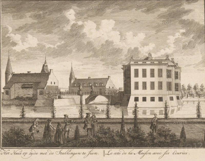 View of the side facade of Middachten Castle, The House on the side with the Stables visible, Le coté de la Maison avec ses Ecuries, Various beautiful and entertaining views of the old noble House of Middagten, Views of Middachten Castle, print, Series number, 6, Numbered lower right: 6., printmaker: Hendrik de Leth, Amsterdam, printmaker: Adolf van der Laan, publisher: Andries de Leth, c. 1725 - 1731, paper, etching, height 162 mm x width 211 mm, A detailed ink engraving shows a riverside scene with a large multi-story building on the right featuring tall rectangular windows and a stepped base rising from the water, adjacent to a bridge with an arch and railings connecting to smaller gabled and towered structures on the left; a roofed riverside shelter and steeply pitched roofs with chimneys and spires punctuate the skyline, while the river in front reflects the buildings and contains ducks and mild ripples; in the foreground a formal terrace with low hedges, slender ornamental trees,...