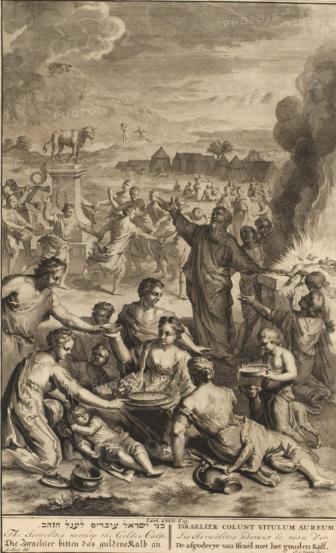 Dance around the Golden Calf, print, book illustration, The idolatry of Israel with the dance around the golden calf. In the foreground, dancing and music are being played around a pillar with the golden calf. In the foreground, a feast is being eaten. In the background, Moses on the mountain with the stone tablets of the law. Illustration of the Bible text Ex. 32: 6-19. Below the image, the title in Hebrew, English, German, Latin, French, and Dutch., printmaker: Jan van Vianen, after drawing by Gerard Hoet (I), publisher: Bernard Picart (possibly), Amsterdam, publisher: Pieter de Hondt (possibly), The Hague, 1705 - 1720, 1720 - 1728, paper, etching, engraving, etching and engraving, height 354 mm x width 216 mm, Print originally intended for: Figures de la Bible. Amsterdam: Bernard Picart, 1720. Print also used in: Taferelen der principe geschiedenissen van het Oude en Nieuwe Testament, door de verrede kunstenaars Hoet, Houbraken, en Picart getekent, 1728, The People Dance Around the ...