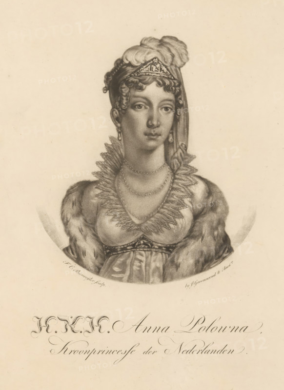 Portrait of Anna Paulowna Romanowa, print, Portrait of Anna Paulowna. In the lower margin her name and title., printmaker: Frederik Christiaan Bierweiler, Amsterdam, Germany, publisher: J. Groenewoud, 1816 - 1819, paper, etching, aquatint, etching and aquatint, height 313 mm x width 239 mm, Person, Anna Paulowna Romanowa, A monochrome portrait of a woman shown from the chest upward, wearing a headpiece with draped fabric and a decorative triangular ornament, her hair styled in curls around her face and a cloth gathered on top, with drop earrings visible; she has a high frilled collar and layered beaded necklaces, a fur-trimmed garment over her shoulders, and a patterned bodice beneath, all rendered in fine shaded pencil or engraving on a light background.