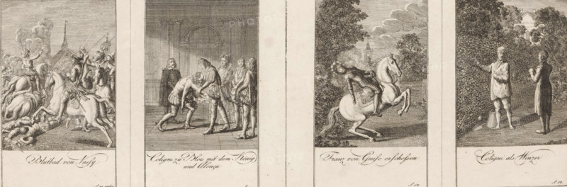 Four depictions from the history of the St. Bartholomew's Day Massacre, print, The prints are numbered at the top right. With caption and page reference in German., printmaker: Daniel Nikolaus Chodowiecki, Berlin, after design by Daniel Nikolaus Chodowiecki, 1797, Daniel Nikolaus Chodowiecki, printmaker, paper, etching, proof print, height 117 mm x width 276 mm, Prints used for: Historisch-genealogischer Kalender auf das Jahr 1799 und 1800. Die Geschichte der Bartholomäusnacht oder die Bluthochzeit zu Paris. Berlin: Johann Friedrich Unger, 1798., Person, François (Duke de Guise), Gaspard de Coligny (II), Jean de Poltrot, battle, kneeling figure, murder, introducing, (military) espionage, Bartholomew's Night, Paris, Vassy, Four vertical engraved scenes sit side by side, each framed with a pale border. In the leftmost scene a chaotic battle unfolds with armored horsemen in dynamic poses, horses rearing and riders brandishing swords amid billowing smoke and fallen figures on the ground. T...